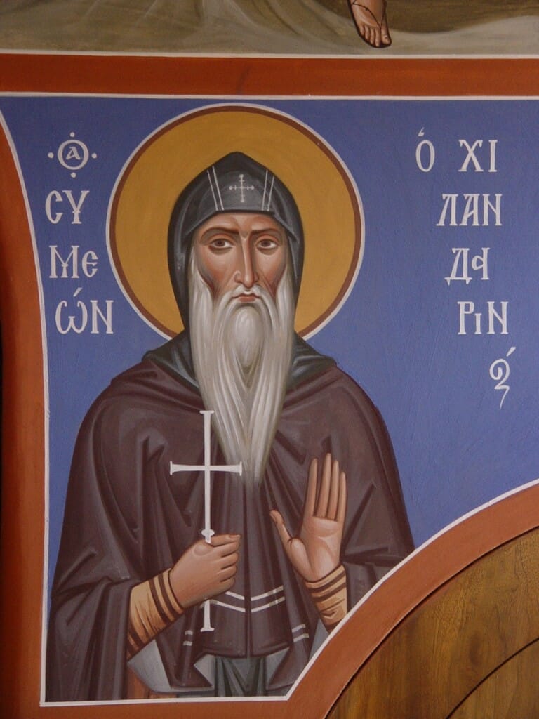 19. St Simeon of Chilandar.  Wall painting in Simonopetra, Mt. Athos, by Archimandrite Zenon. The face shows a union of  serenity, ascetic struggle, joy, and sorrowful compassion.