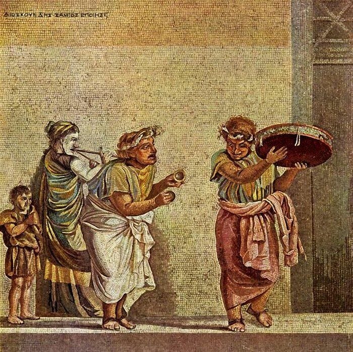 17. An example of Hellenistic art, showing its developed modelling of form and movement. 1st century BC Copy of a Hellenistic mosaic, produced by Dioskourides of Samos found near Pompeii (Villa of Cicero).