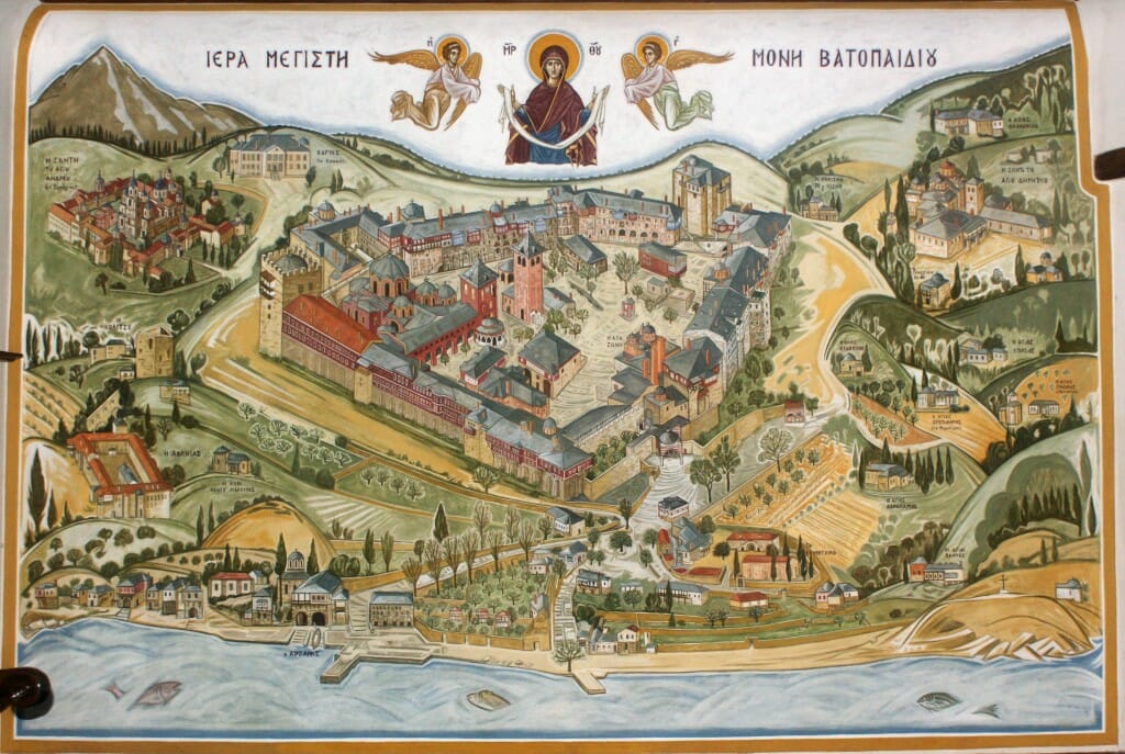 Markos Kampanis, Mural at the entrance of Vatopedi Monastery, Mt. Athos, 2013. 220 x 300 cm. 