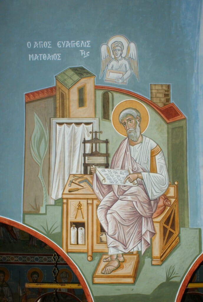 Markos Kampanis, St. Mathew the Evangelist, 2015. Mural at the Convent of the Virgin Mary, Kornofolia, Greece.