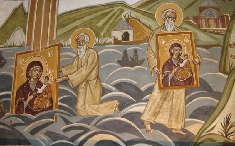 Markos Kampanis, Scene from the story of the icon of the Protaitissa, 2014. Mural at the Convent of the Virgin Mary, Kornofolia, Greece.