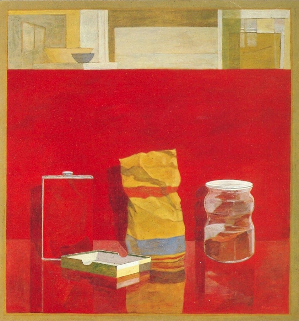 Markos Kampanis, Still Life in Red, 1986. Acrylic on Wood, 70 x 65 cm.