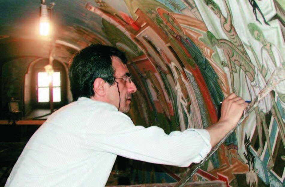 Markos Kampanis at work on the murals of the Convent of the Virgin Mary at Kornofolia in Evros, Greece.