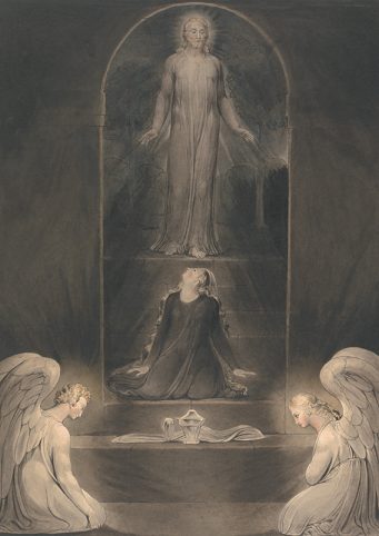 William Blake, Mary Magdalen at the Sepulchre, 1805. Watercolor with pen and black ink and gray ink on medium, moderately textured, cream wove paper,  17.24 in. x 12.24 in.