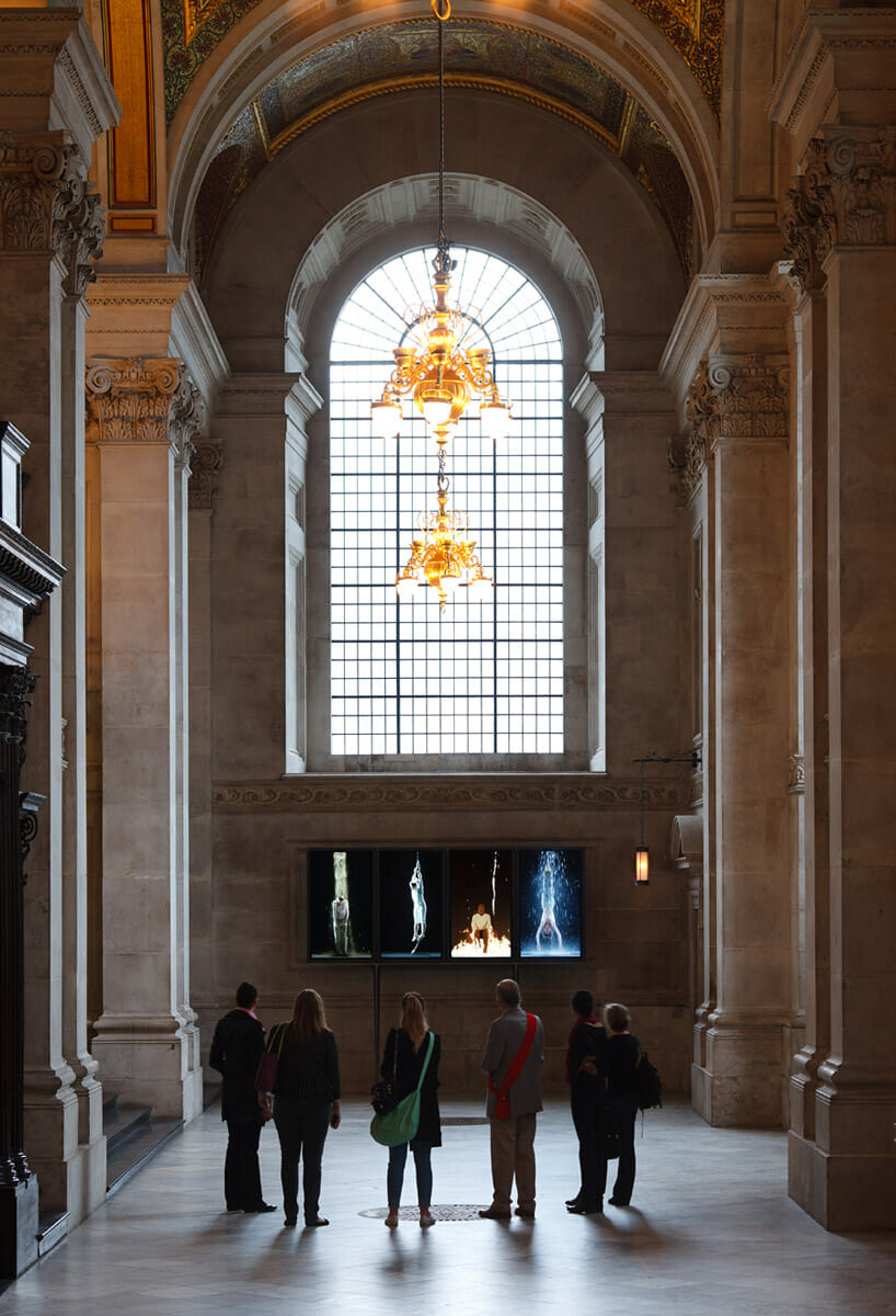 Bill Viola (with Kira Perov), Martyrs (Earth, Air, Fire, Water), 2014. Video installation, St Paul’s Cathedral, London. The first moving-image artwork to be installed in a British cathedral or church on a long-term basis. Created by Bill Viola and  and opened in May 2014