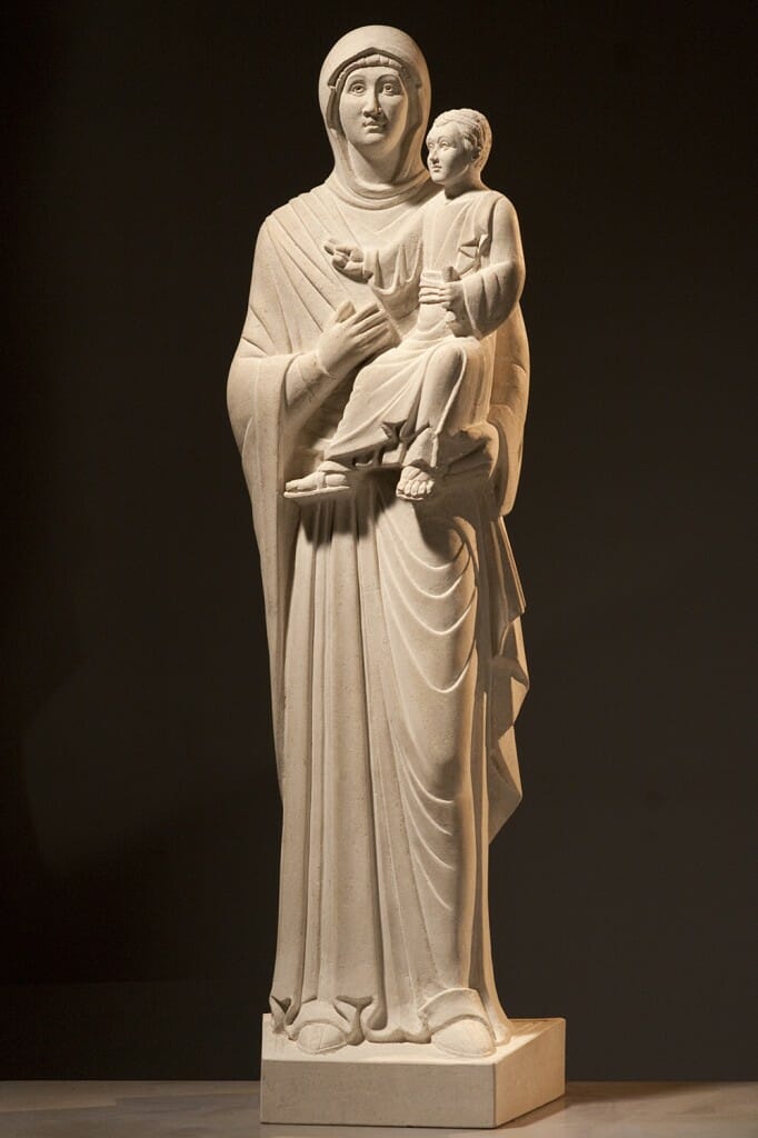 Theotokos Hodegetria, carved in limestone by the author, 2016, 37 x 8 x 7 inches (95 x 20 x 18 cm). Photography by Hugh Gordon.