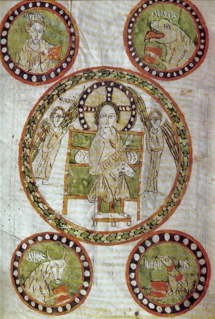 Christ in Majesty, Illuminated Parchment Gospels of Gundohinus, 754,Municipal Library, Autun, France.