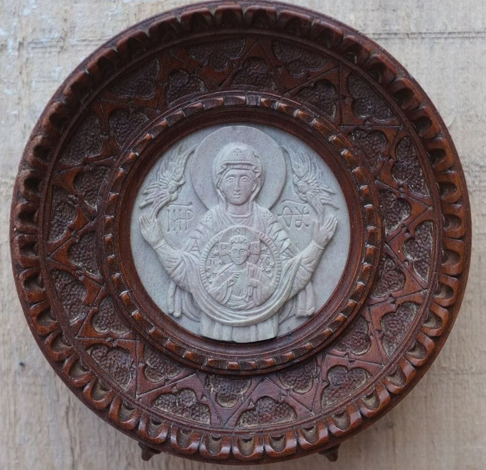 The frame and picture, the shell and pearl.  Virgin of the Sign in steatite. 3" in diameter.  By the author.