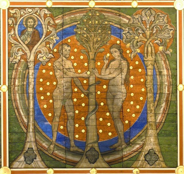 Eve gives Adam the Fruit of Knowledge.  12th century German fresco.