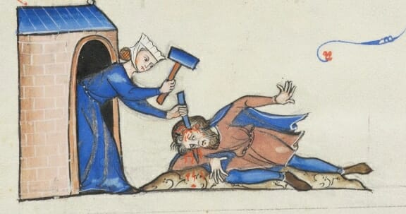 Jael kills Sisera. 13th century manuscript.