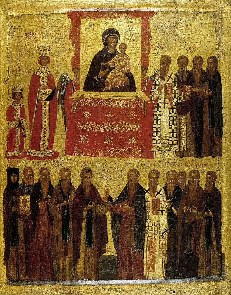 Triumph of Orthodoxy.   late 14th early 15th century. Empress Theodora, and her son Michael III appear at the top left,