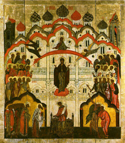 Protection of the Veil of the Theotokos.  16th century Russian.  