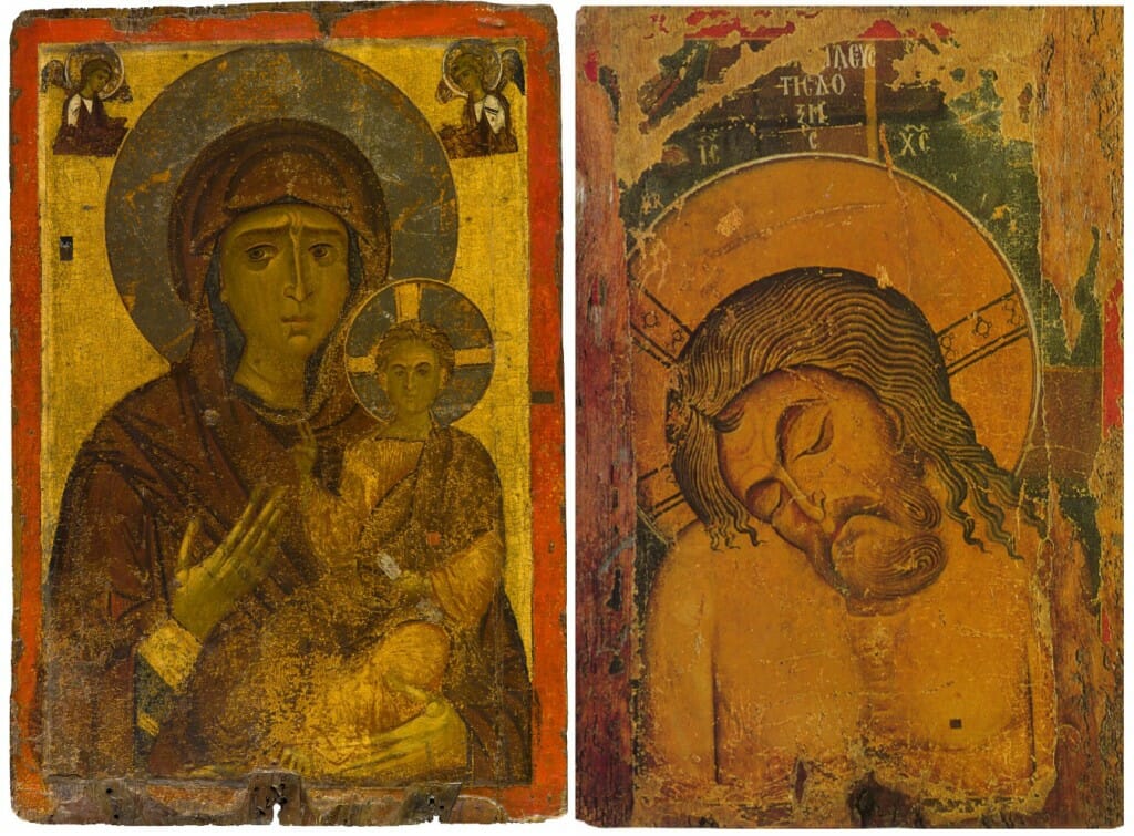 12-13th century Byzantine icon of the Hodogetria, with the Man of Sorrows on the other side. H "the one showing the way". The first versio of this icon, reputedly painted by St-Luke was brought out unto the walls of Constantinople and was credited in miraculously saving the city for the Arabs in 718.