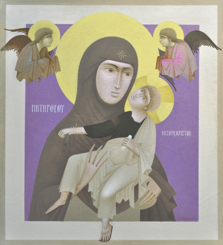 Virgin and Child, by Fikos, 2014. Egg tempera on handmade Japanese paper glued to wood, 40×36 cm.