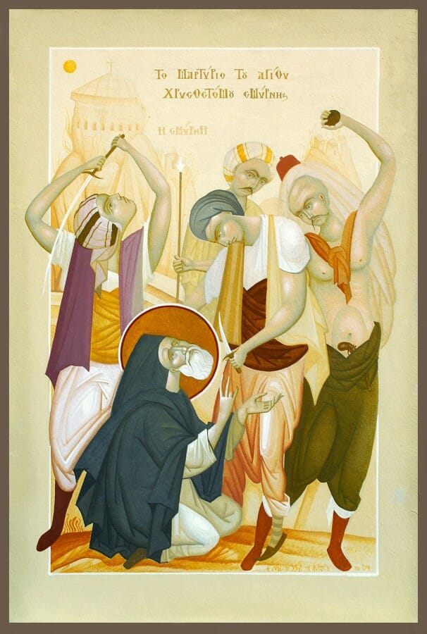 The Martyrdom of St Chrysostom of Smyrna, by Fikos, 2010. Egg tempera on handmade Japanese paper glued to wood, 48×33 cm.