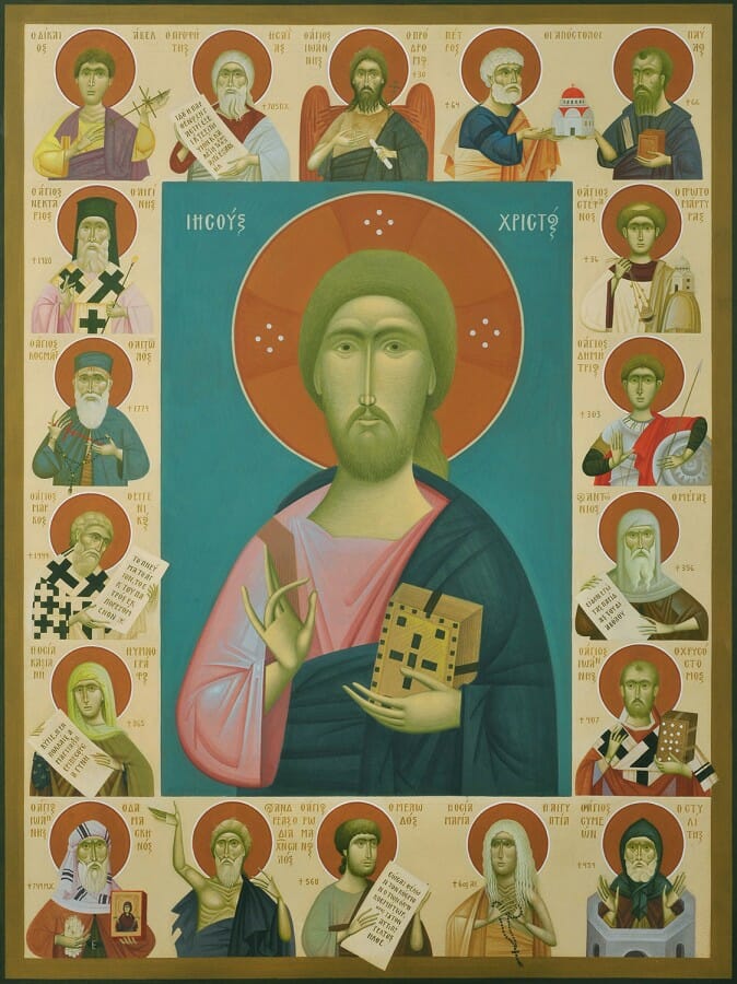 The History of Orthodoxy in Persons, by Fikos, 2012. Egg tempera on handmade Japanese paper glued to wood, 80×60 cm.
