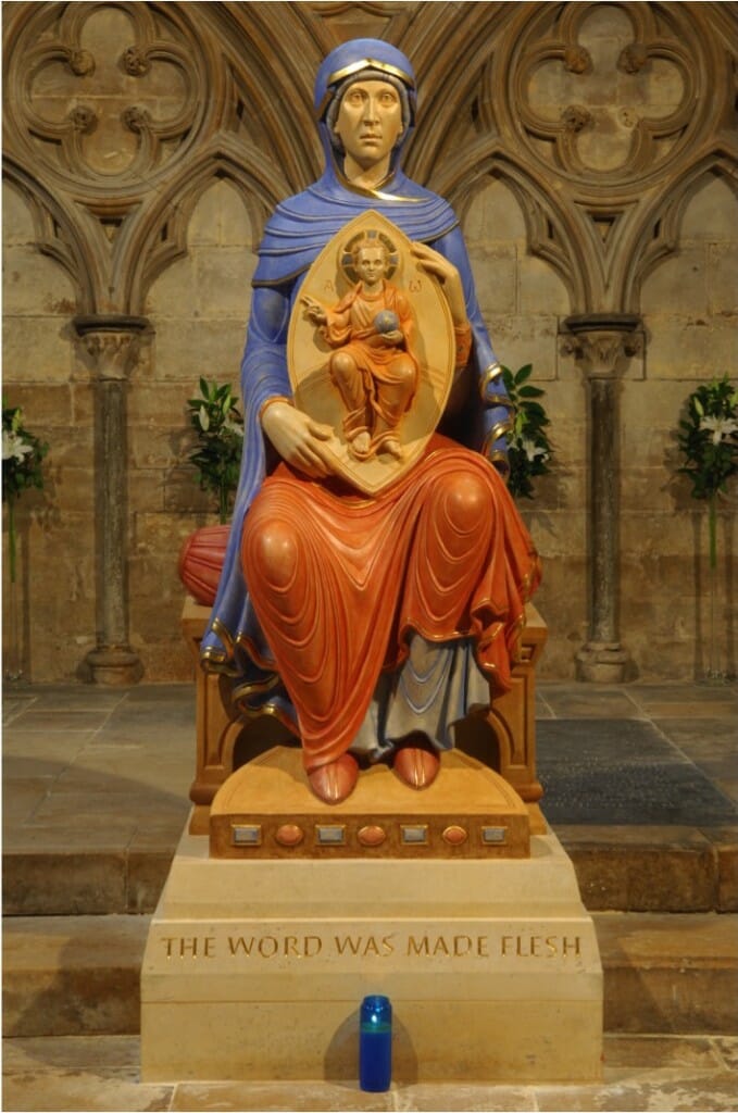 Our Lady of Lincoln. Lincoln Cathedral, UK. By Aidan Hart, 2014. Polychromed limestone carving