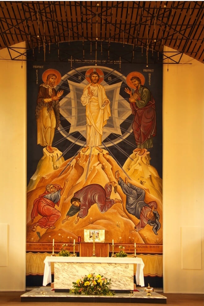 The Transfiguration. Our Lady of Lourdes Roman Catholic Church, Leeds, UK. By Aidan Hart, 2012. 20 feet high, fresco.