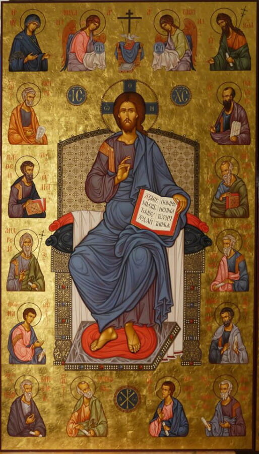 MAXIM SHESHUKOV, Christ Enthroned With Apostles. Egg tempera on gessoed panel.