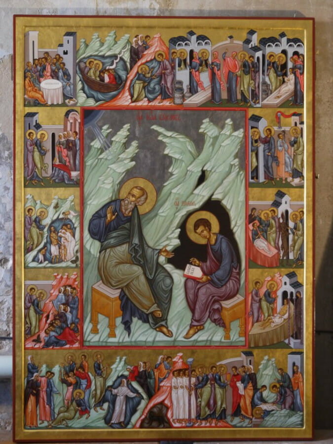 MAXIM SHESHAKOV, St. John the Theologian With Scenes From His Life. Egg tempera on gessoed panel. 