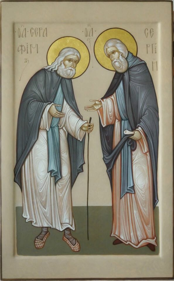 MAXIM SHESHAKOV, St. Seraphim of Sarov and St. Sergios of Radonezh. Egg tempera on gessoed panel.