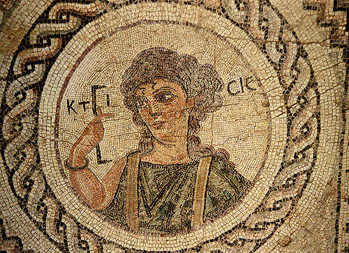 Ktisis (Creation) holding a measuring rod. A nearby Inscription reads: “This house…has now girt itself with the much venerated symbols of Christ.” House of Eustolios, Kourion, Cyprus. Floor Mosaic 5th Century. 
