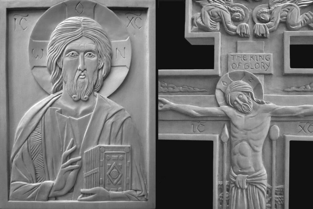 Christ pantocrator and crucifixion in wood. By the author