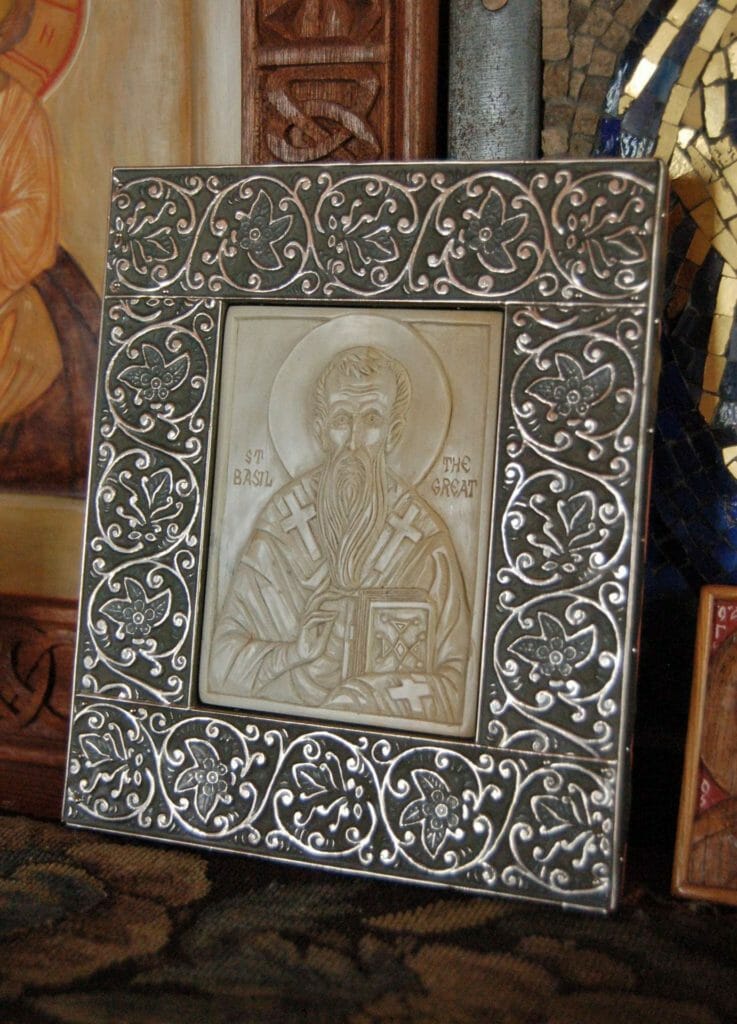 Icon of St. Basil the Great, carved by Jonathan Pageau and framed by Andrew Gould