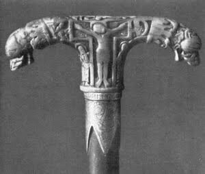22.The inspiration for the head of the episcopal staff, an ivory Tau crozier from Koeln, Germany, about 1000AD. 