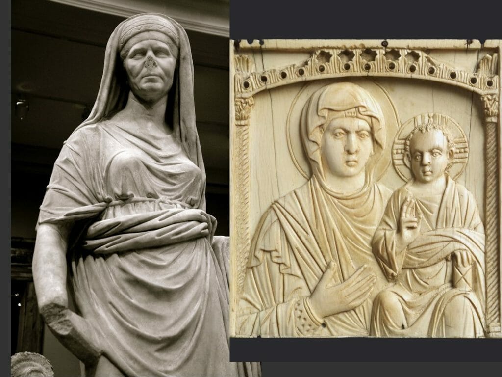 Roman statue compared to a 10th century ivory icon.