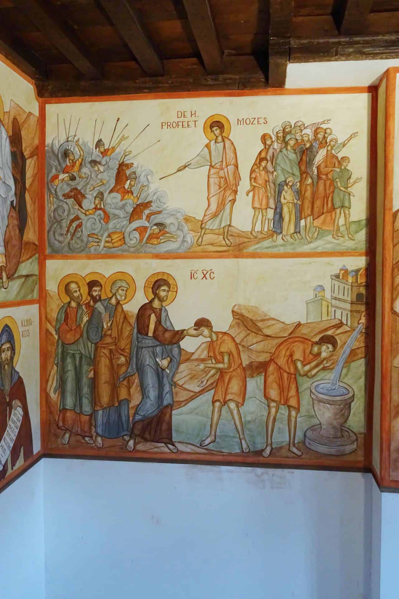 The crossing of the Red Sea and the Blind-born - completed frescoes
