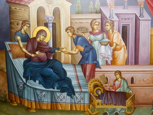 a wall depicting the birth of the Theotokos