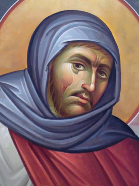 a close-up of a saint's face
