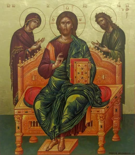 icon of Christ enthroned with gold background, and Theotokos and St. John the Baptist