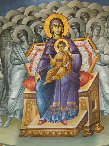 Platytera of Theotokos enthroned with Christ on her lap, surrounded by grey angels