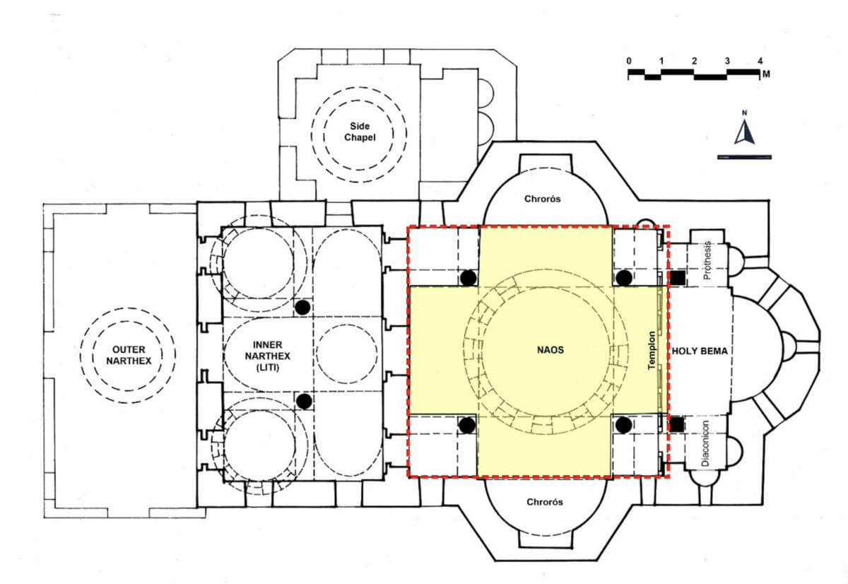 Ground plan of the katholikón, Gregoriou monastery, showing the cross-in-square core