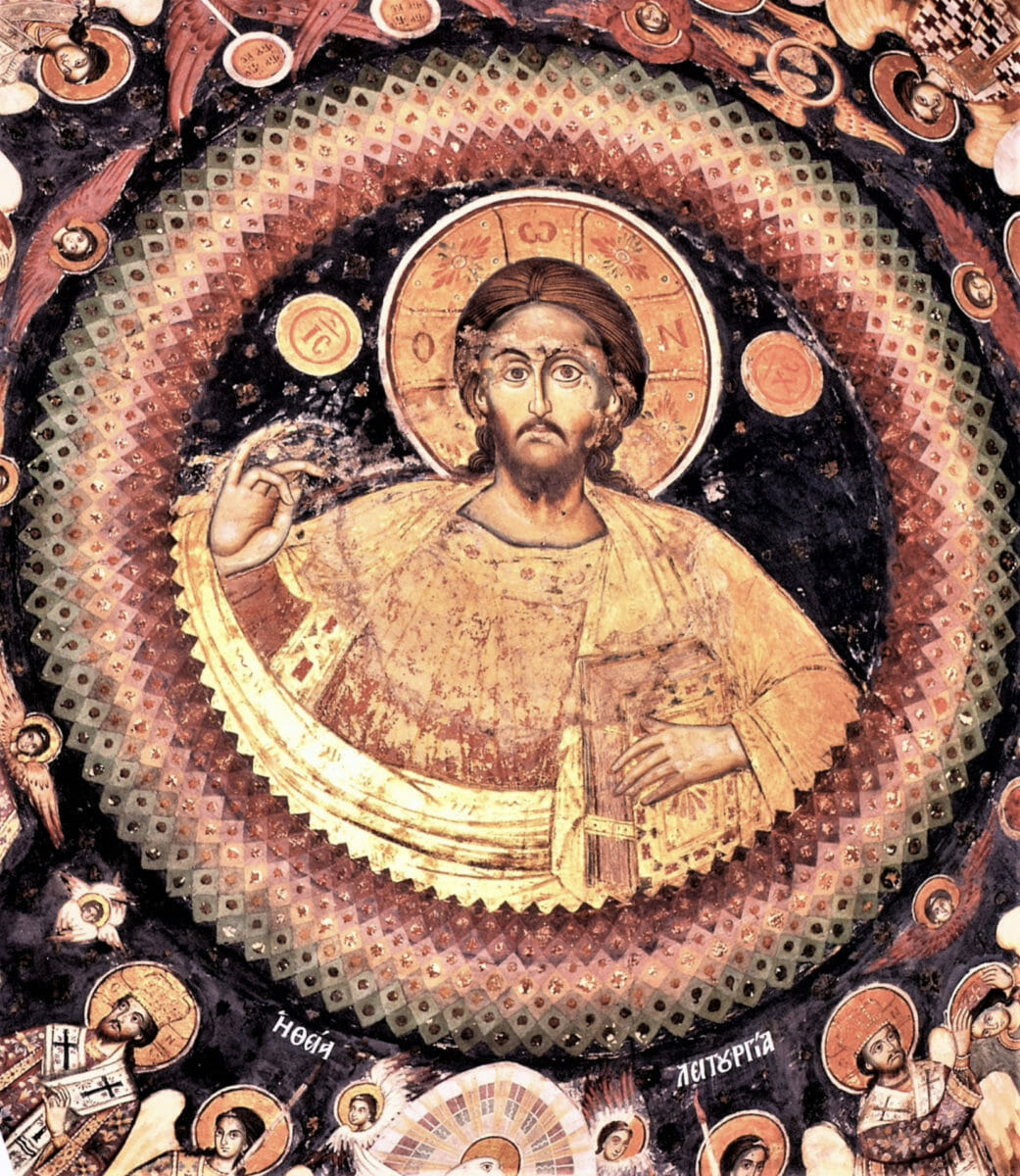 Pantocrator painting in the central dome with a partial depiction of the Holy Liturgy below