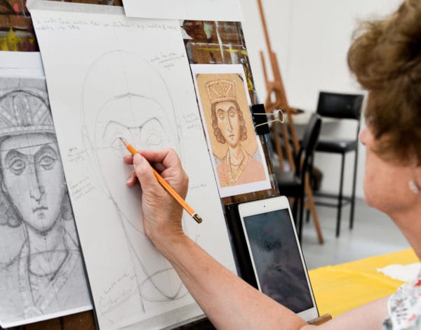 Iconography Workshop Student learning how to draw a frontal face. Melbourne, Australia. 2018.