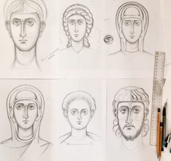 Drawings for Online Iconography Drawing Course, dedicated to Off-Centered Faces.