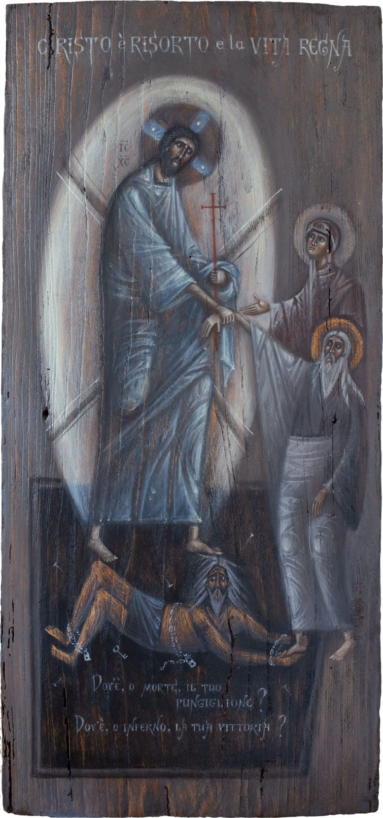 The Resurrection of Christ by Olga Shalamova, 2024. Old ceiling panel, egg tempera.