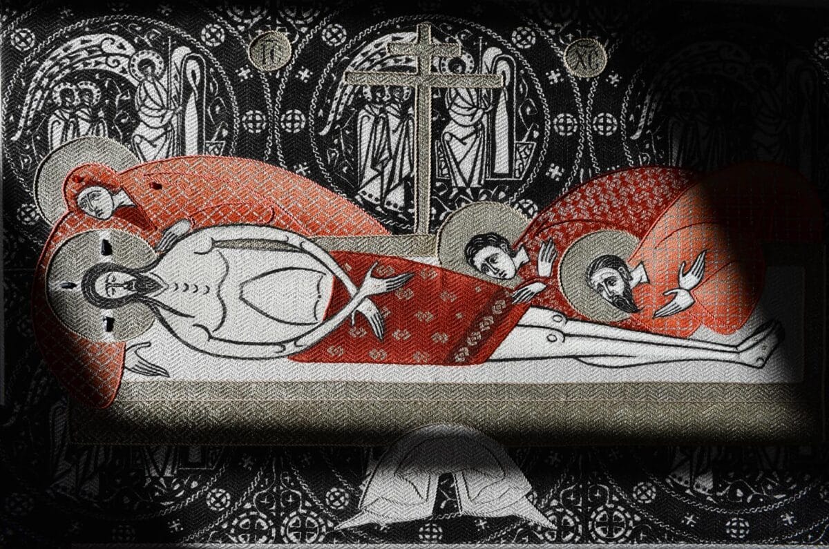Epitaphios by Olga Shalamova, 2019. Linocut and stencil printing, embroidery. Oil and textile paints, pearls and decorative stones, threads.