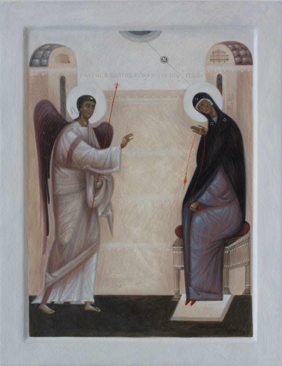 The Annunciation to the Most Holy Theotokos by Olga Shalamova, 2025. Wood, gesso, egg tempera.