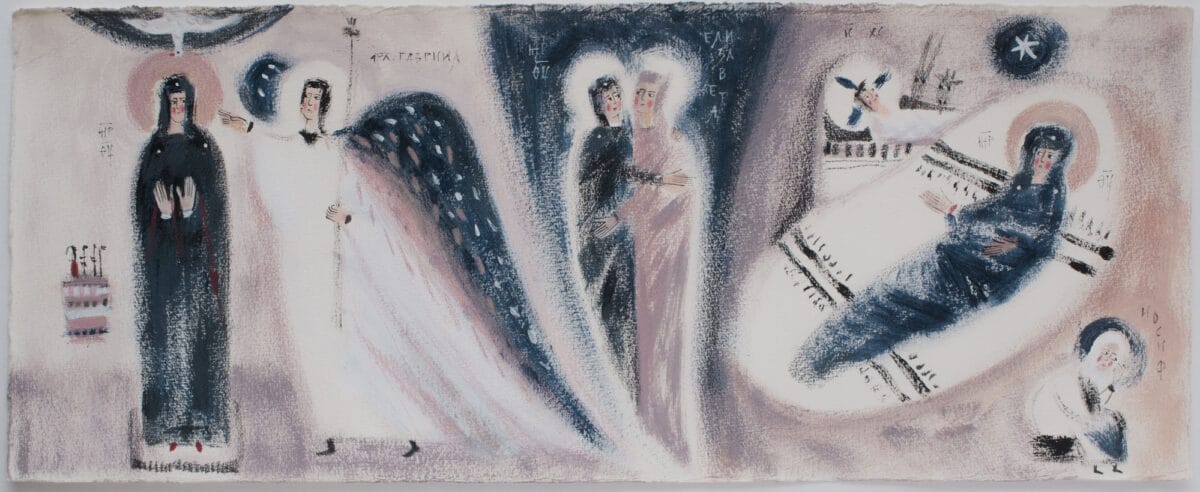 The Annunciation to the Mother of God. The Meeting of Mary and Elizabeth. The Nativity of Christ by Olga Shalamova, 2025. Paper, mixed media.