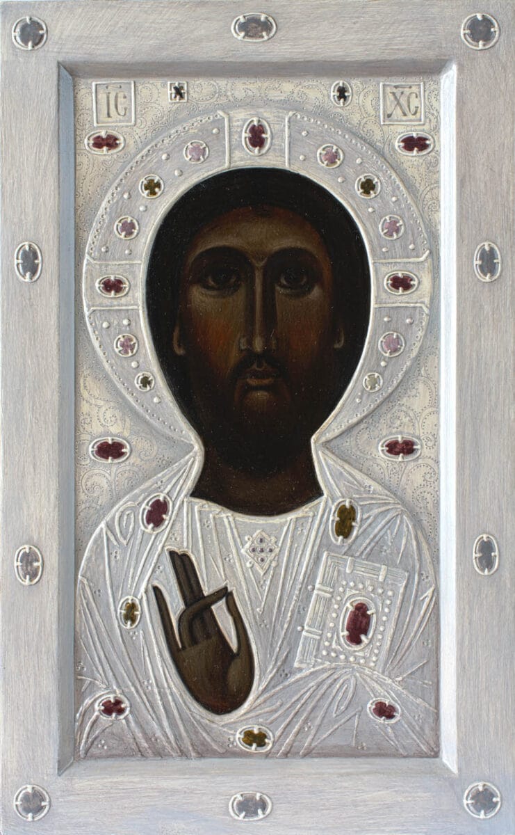The Anchiskhati Savior, 2025. Wood, gesso, relief gesso, egg tempera.
