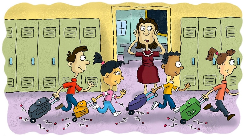 kids walking in hallway cartoon