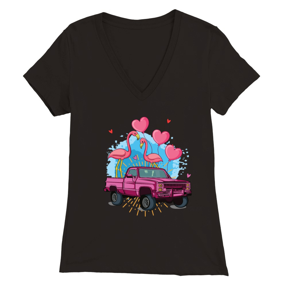 Pink Kawaii Truck Flamingo Hearts Valentines Day Premium Womens V-Neck T-shirt