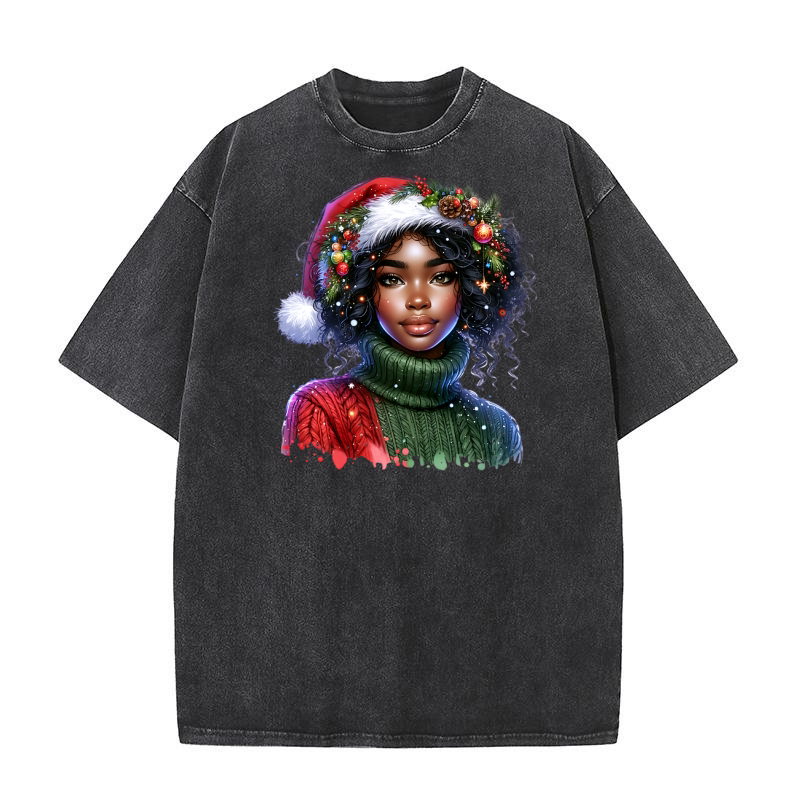 Black Woman Christmas 3 Washed T-Shirt