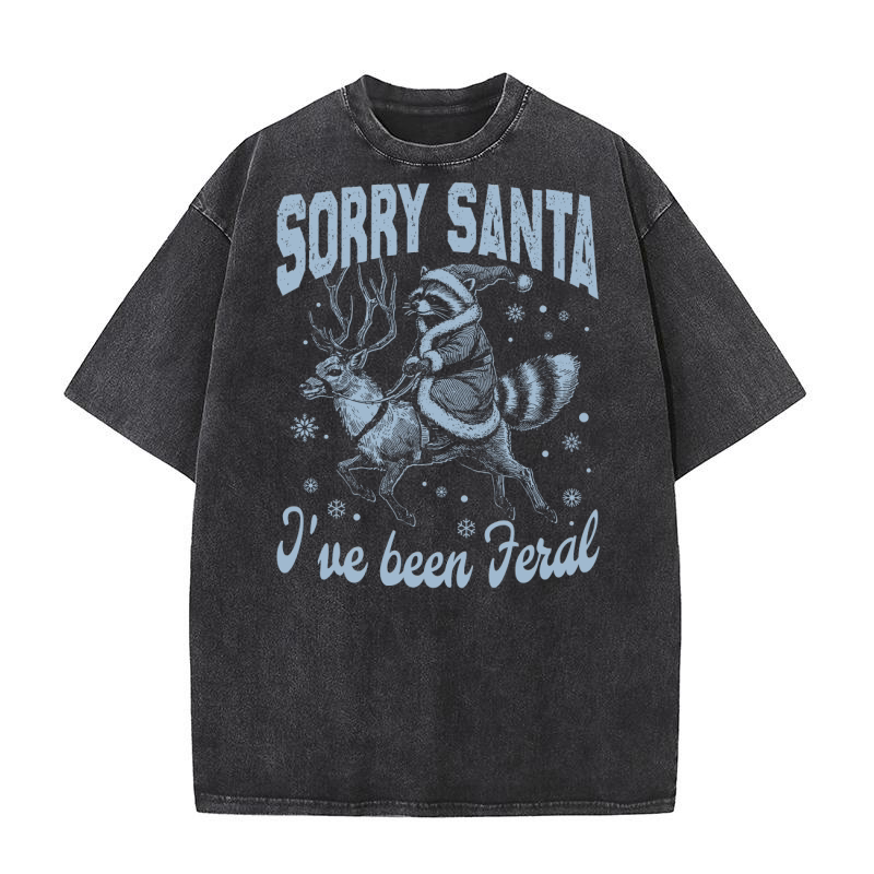 Raccoon Santa Riding Reindeer D Grey Washed T-Shirt