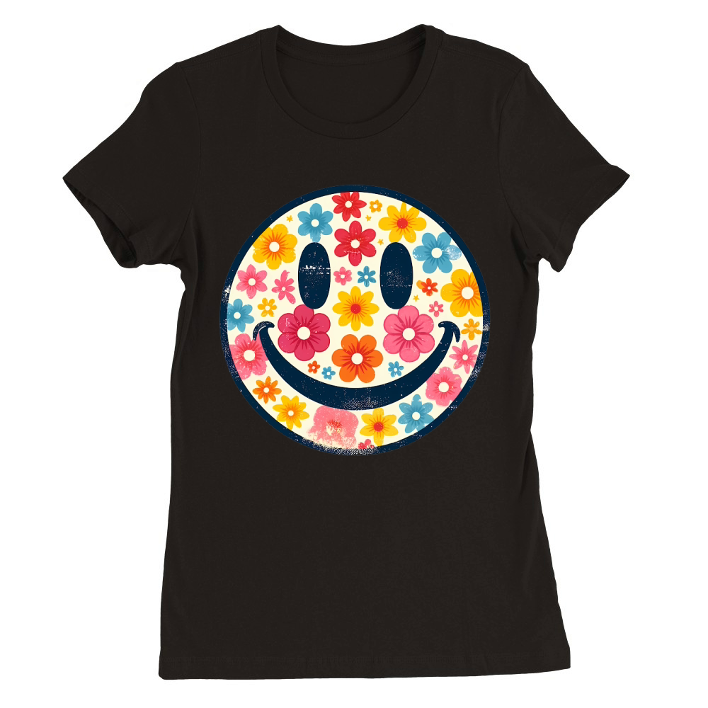 Happy Retro Daisy Smiley Face Premium Womens Crewneck T-shirt