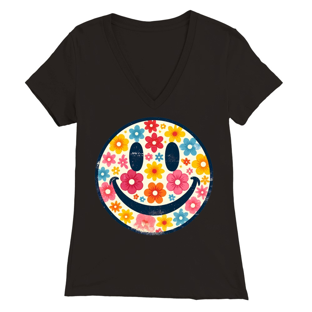 Happy Retro Daisy Smiley Face Premium Womens V-Neck T-shirt